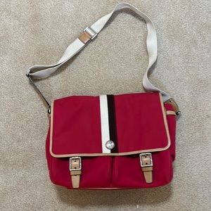 Coach Voyage Red Canvas W/Tan Leather Trim Crossbody Messenger Bag